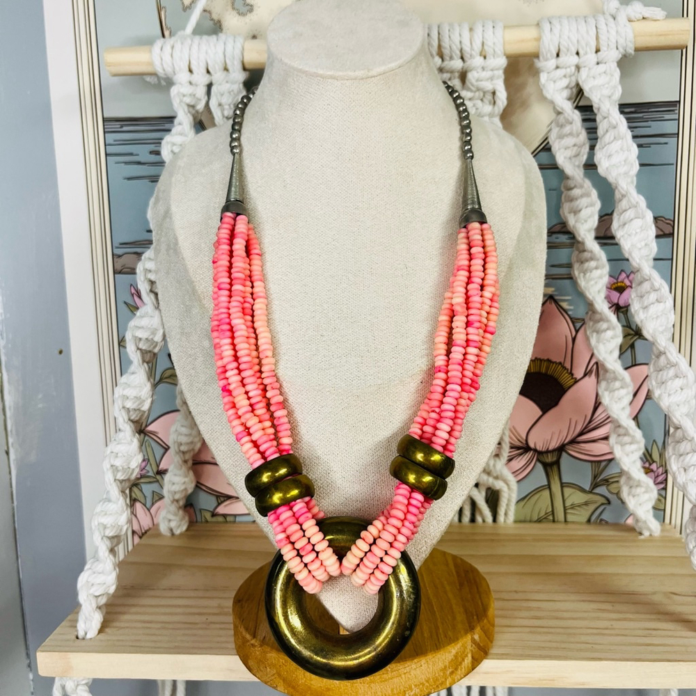Vintage Shell & Brass Necklace,‎ Pink Beaded Eclectic Boho Pendant